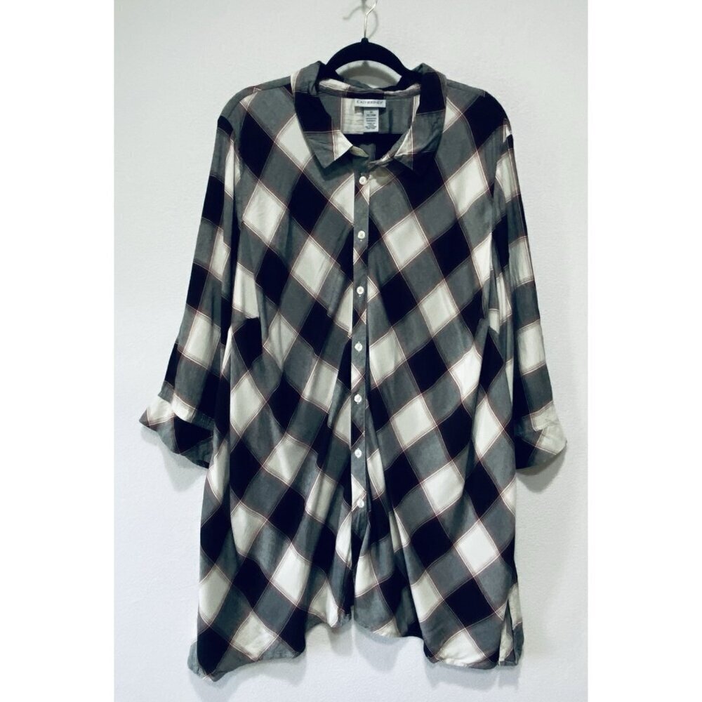 Catherines Top Womens 3X Black Plaid Button Up 3/4 Sleeve Preppy Classic Grunge